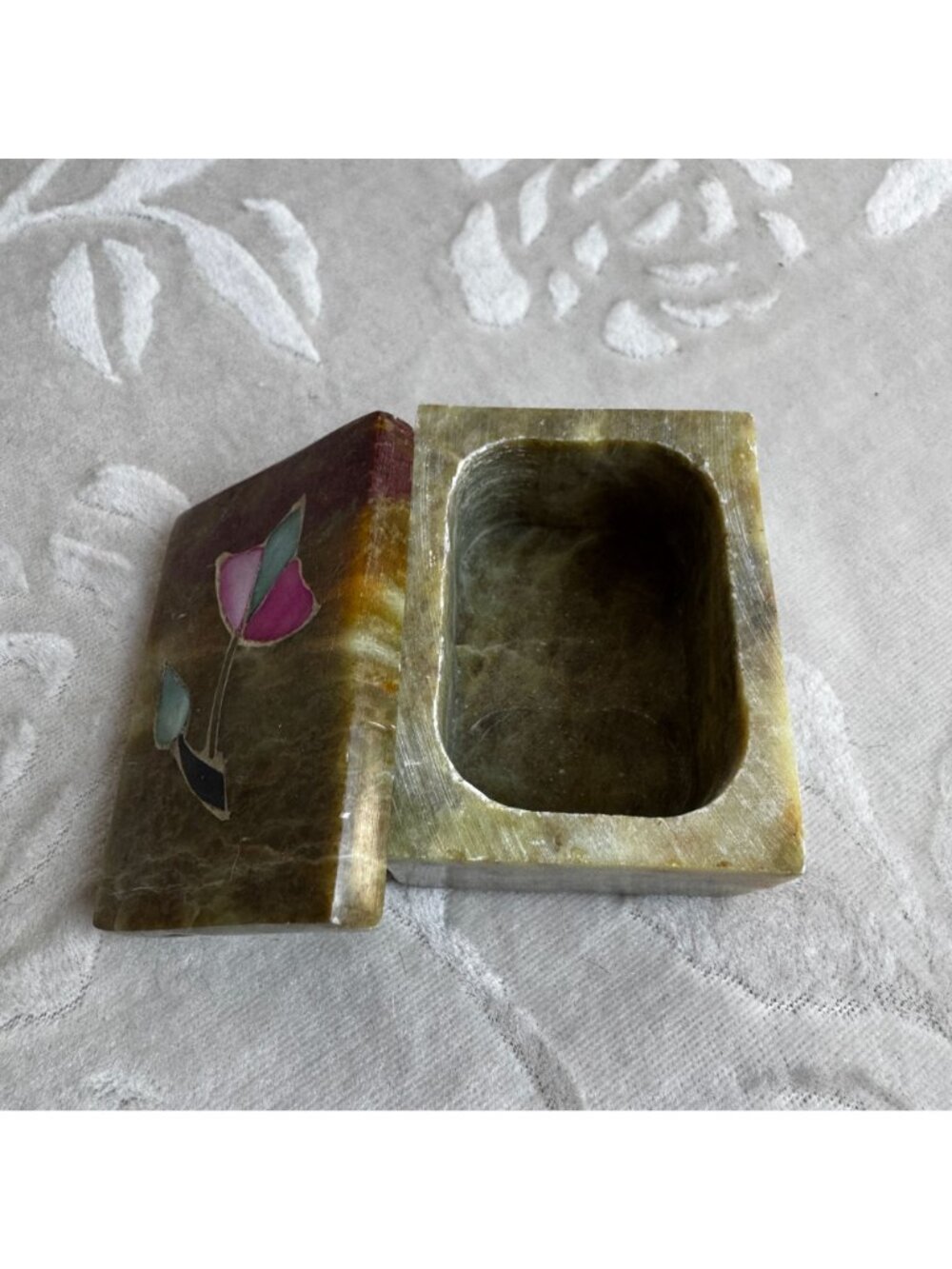 Trinket Box Mother of Pearl Inlay Marble Soapstone 2" Pink Vtg Made in India - Picture 3 of 7